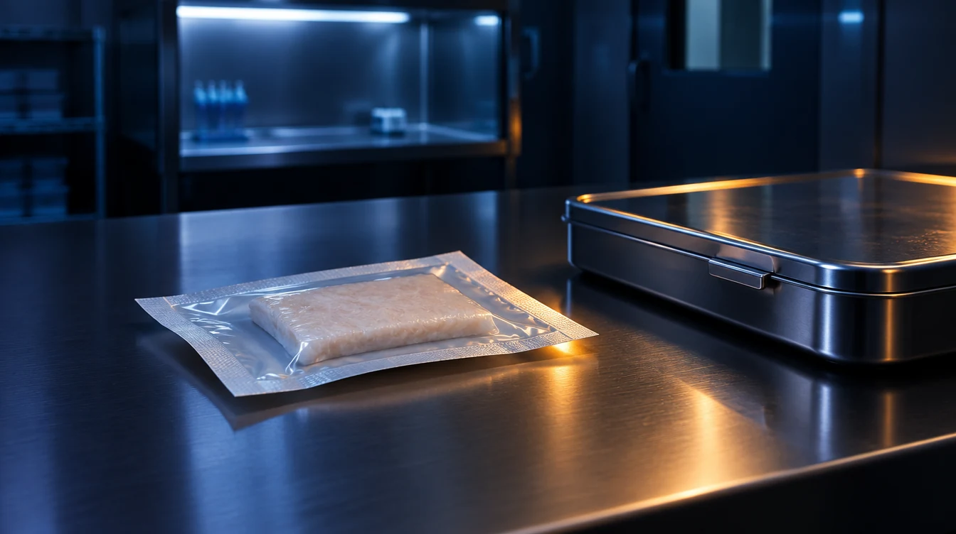 A sterile sealed tissue graft on a stainless steel preparation surface in a cleanroom laboratory