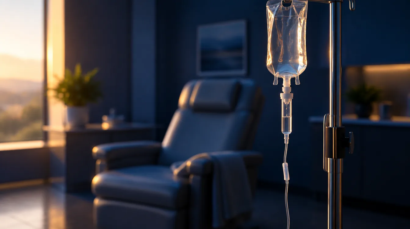 An intravenous infusion line and fluid bag in a quiet modern treatment suite