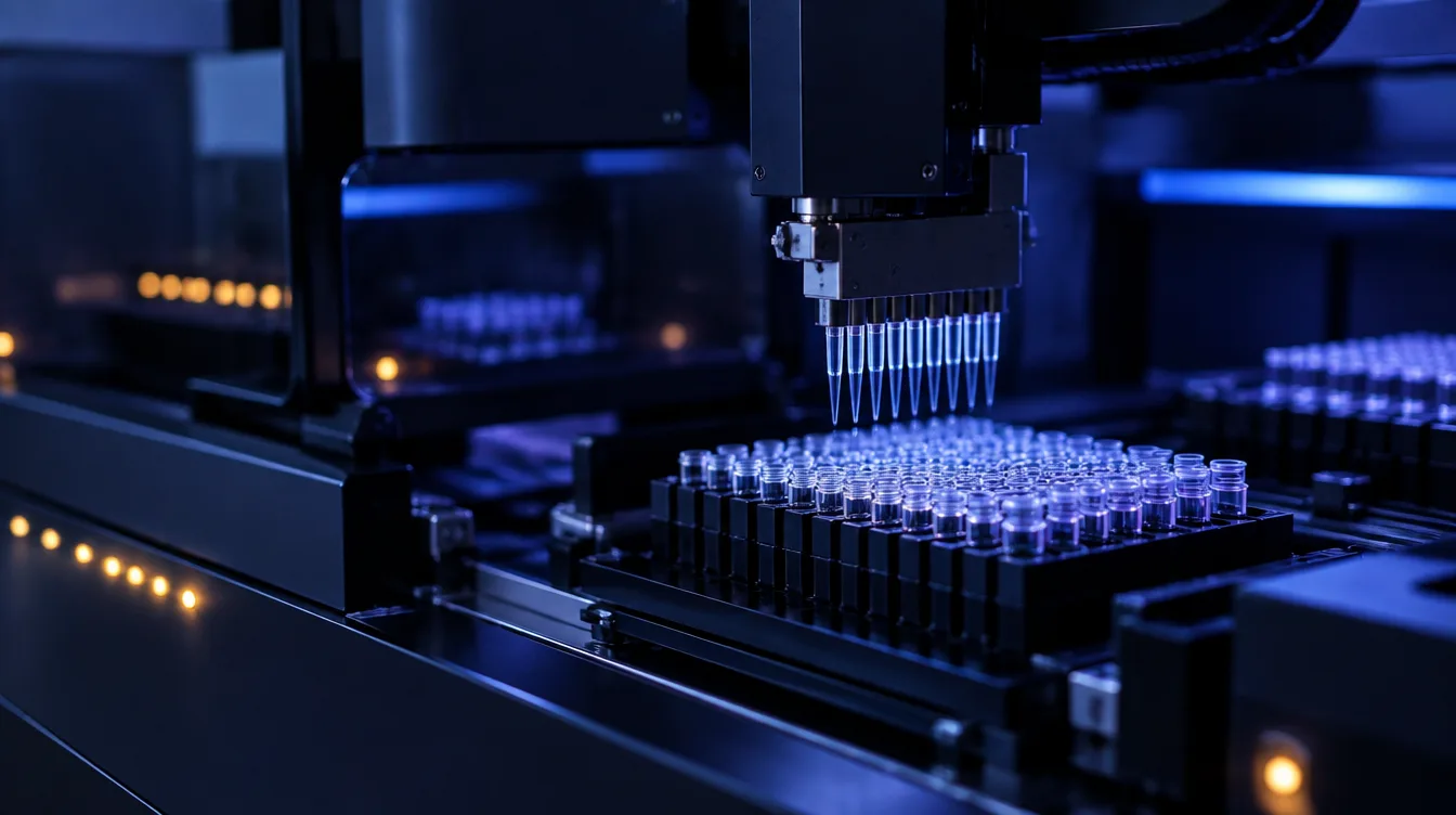 An automated genomic sequencing instrument above a rack of sample vials