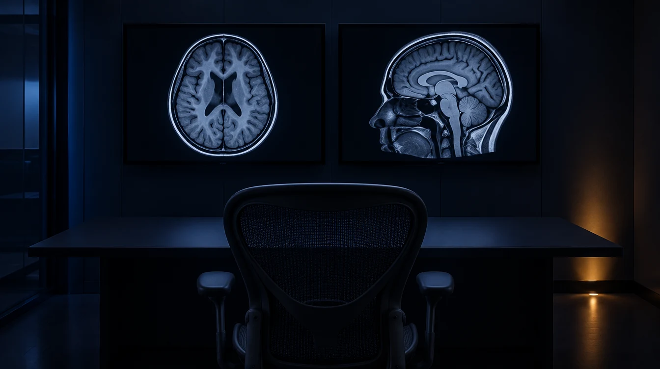Neurological imaging scans displayed on monitors in a darkened reading room
